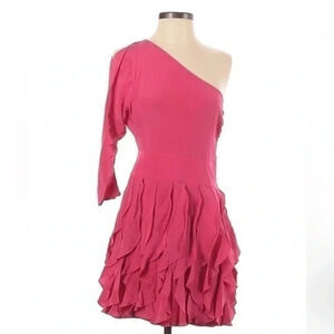 BCBGMAXAZRIA Azalea 100% Silk Pink Ruffle Skirt One Shoulder Party Dress Size 0